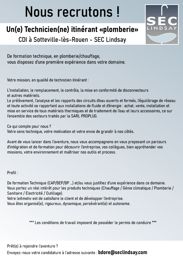 Recrutement offre d'emploi technicien itinérant traitement de l'eau Rouen Normandie