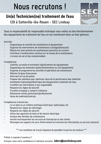 Recrutement d'un(e) Technicien(ne) spécialisé dans le Traitement de l'Eau à Rouen (76)